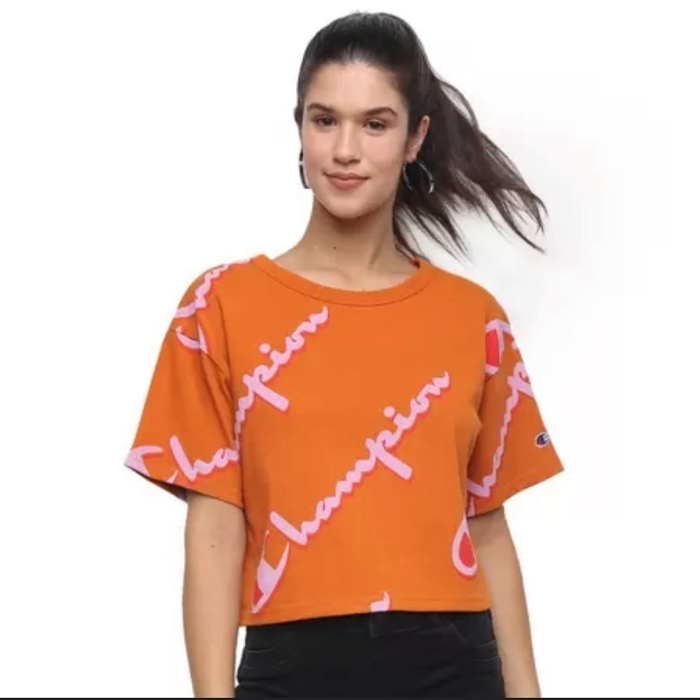 Champion Reverse Weave Cropped T-Shirt Size Medium Orange All Over Logo Print